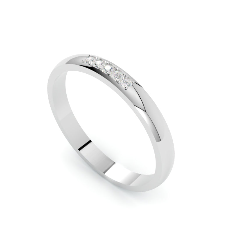 Obrączka ślubna z 5 diamentami, półokrągła, platyna 950, szerokość 2,50 mm